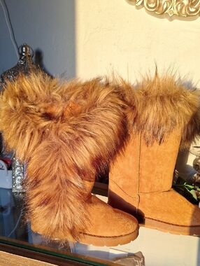 BAMBOO Tan Faux Fur Trim Suede Boots